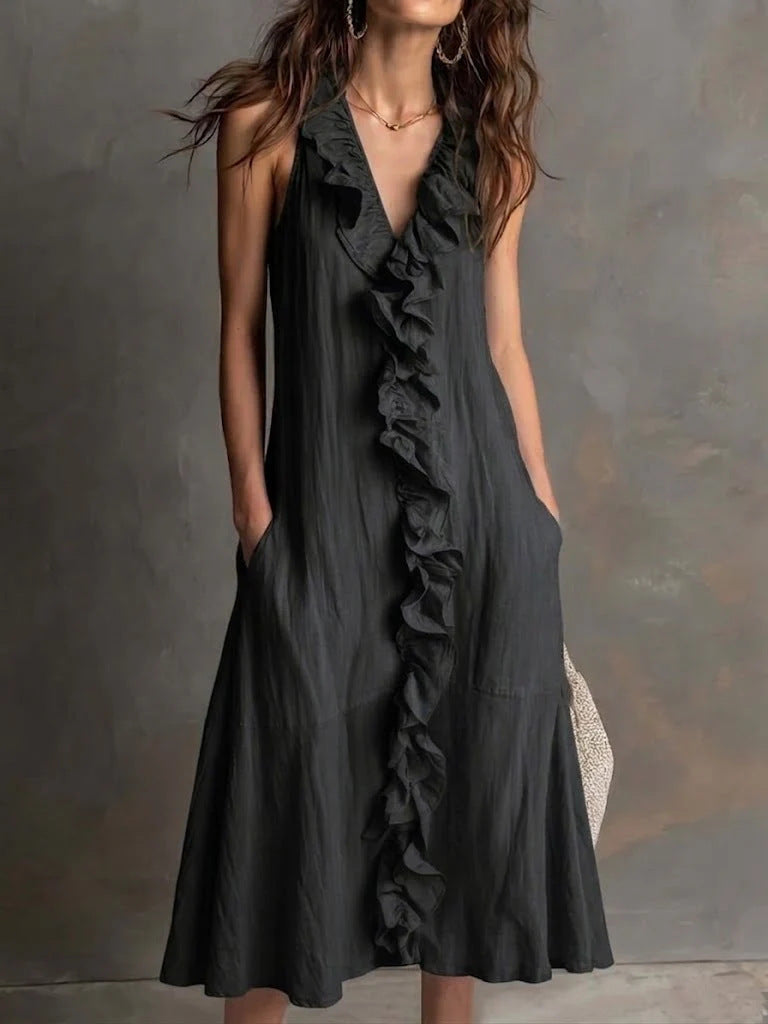 🌿 Ruffle V-Neck Sleeveless Midi Dress