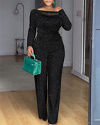2 Pieces Outfit Cowl Neck Lace Spliced Long Sleeve Top and Elastic Waist Wide Leg Pants Set Casual Glitter Set