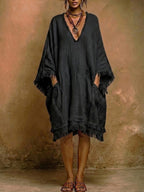 Bohemian Loose-fit Frayed Linen And Cotton Dress