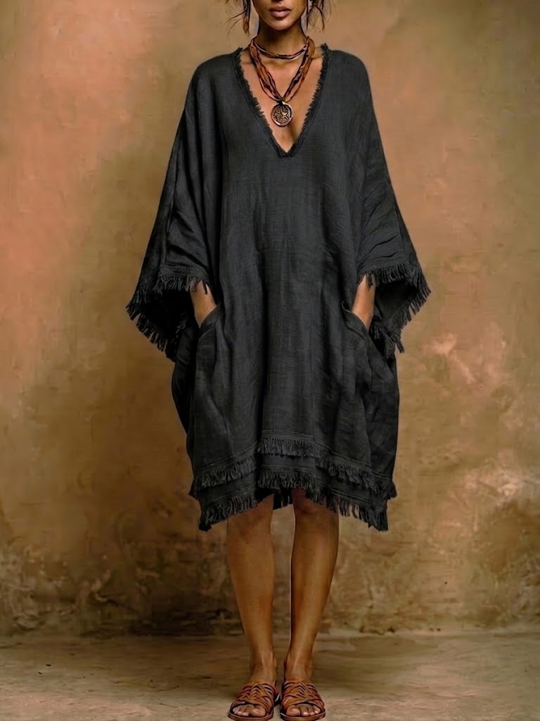 Bohemian Loose-fit Frayed Linen And Cotton Dress