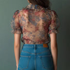 Vintage Watercolor Floral Sheer Ruffle Blouse