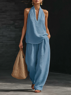 Casual Urban Style White Linen V-neck Sleeveless Top And Wide Leg Pants Set