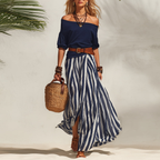 Navy Off Shoulder Top Stripe Pants Set