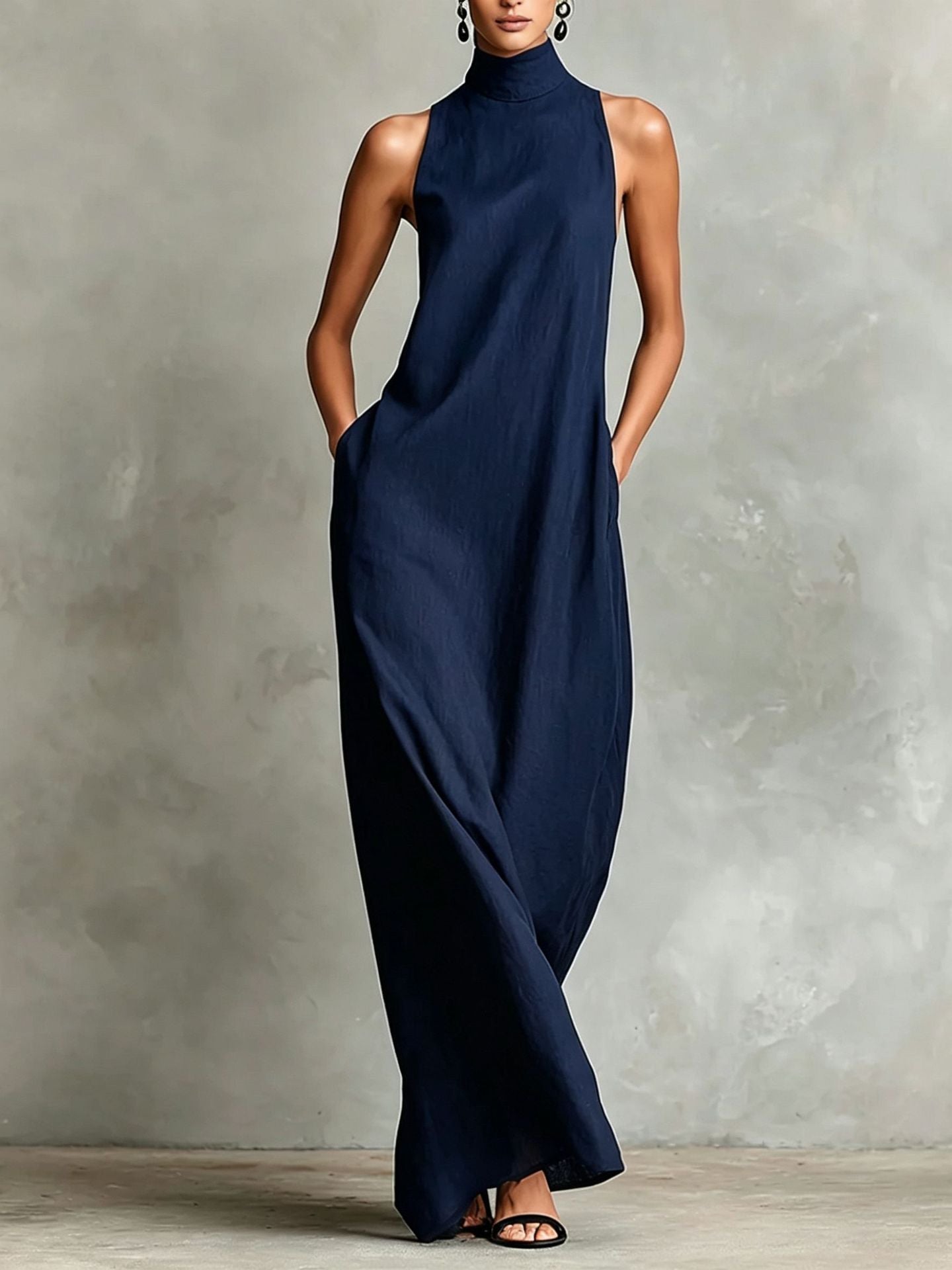 Sleeveless High Neck Linen Maxi Shift Dress