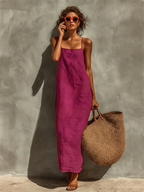 Women's Red Cotton Dress With Spaghetti Straps & Square Neck, Timeless Boho-Resort Style Dress