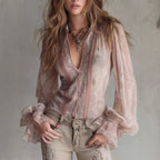 Retro Vintage Sienna Sheer Paisley Lace Trim Blouse