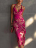 Hot Pink Floral Ruched Halter Midi Dress