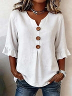 Linen Blend Notch V-Neck Ruffle Sleeve Blouse