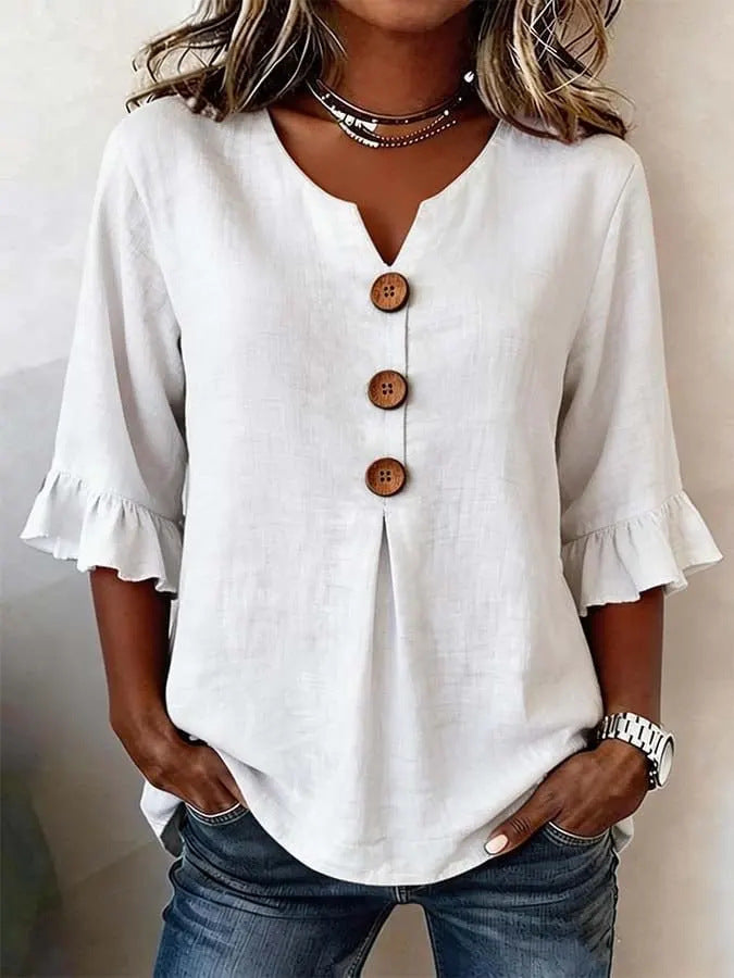 Linen Blend Notch V-Neck Ruffle Sleeve Blouse