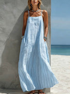 Women's Striped Print Casual Loose-fit Cotton-linen Sundress