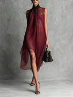 Sheer Mesh Sleeveless Tie Neck Asymmetrical Midi Dress