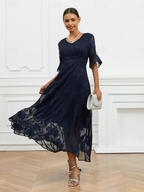 Sheer Sleeve V-Neck Floral Dress