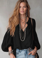 Split V-Neck Puff Long Sleeve Loose Textured Blouse
