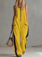 Women's Contrast Color Sleeveless Jumpsuit - Sporty Wide Leg with Zipper Detail (S-2XL)