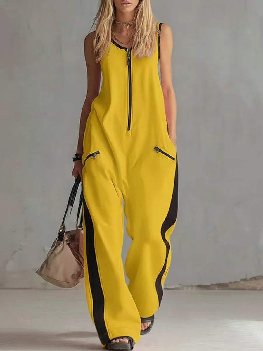 Women's Contrast Color Sleeveless Jumpsuit - Sporty Wide Leg with Zipper Detail (S-2XL)