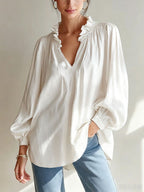 Ruffle V-Neck Crinkled Texture Balloon Sleeve Blouse