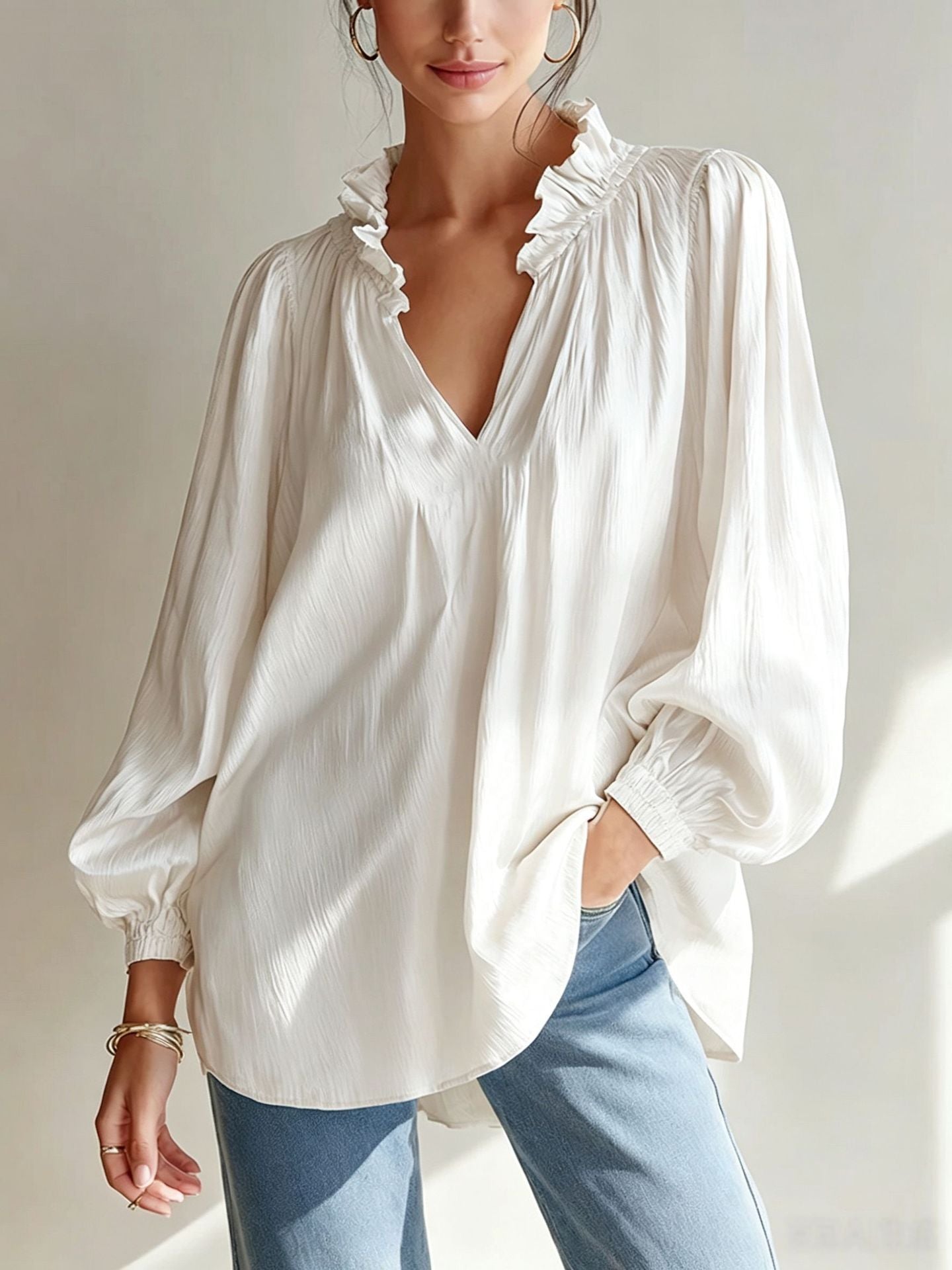 Ruffle V-Neck Crinkled Texture Balloon Sleeve Blouse