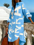 Color-Block Letter Print Loose Long-Sleeve Dress