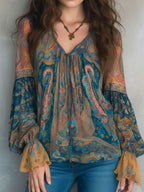 Bohemian Teal & Amber Paisley Chiffon Blouse With Ruffled Cuffs