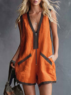 Women's V-neck Sleeveless Casual Loose Cotton-linen Wide-leg Romper