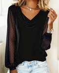 Draped Collar Patchwork Long-Sleeved Top