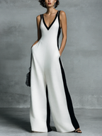 Women's Fashion Black and White Cotton Linen Color Block Thin Strap Jumpsuit
