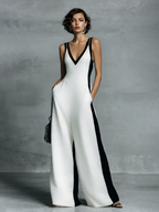 Women's Fashion Black and White Cotton Linen Color Block Thin Strap Jumpsuit