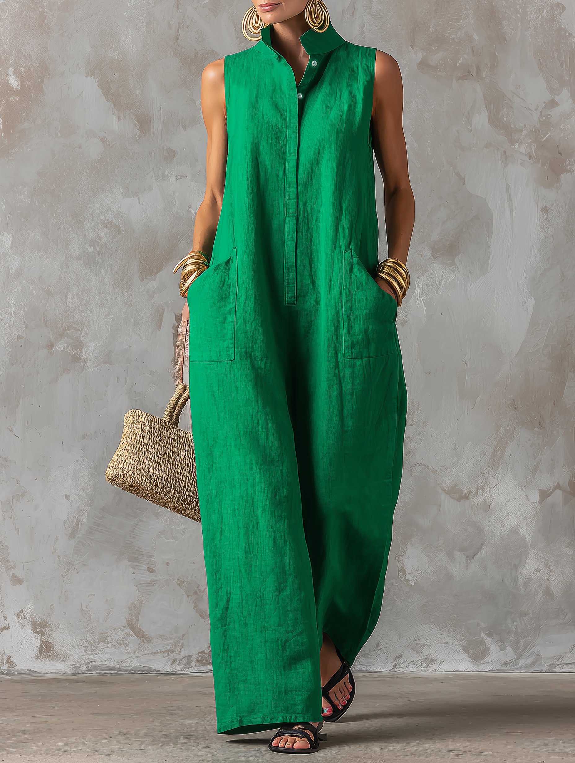 Women's Minimalist Loose-Fit Linen-Blend Jumpsuit — Stand Collar, Sleeveless, Single-Breasted
