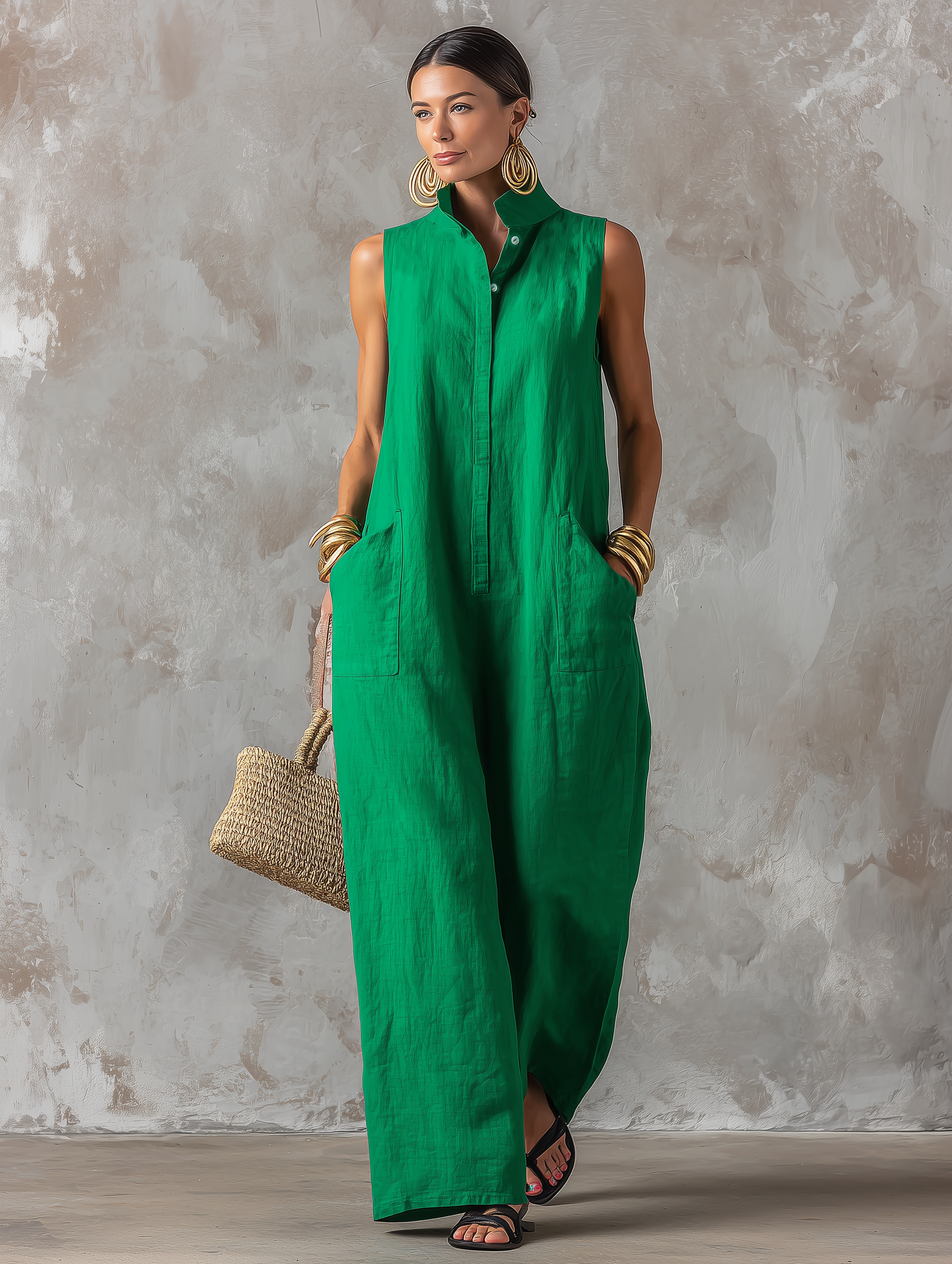Women's Minimalist Loose-Fit Linen-Blend Jumpsuit — Stand Collar, Sleeveless, Single-Breasted