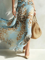 Blue Leopard Print Chiffon Maxi Dress