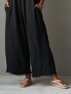 Women's Minimalist Loose-Fit Linen-Blend Jumpsuit With Lace Neckline, Spaghetti Straps, And Frayed Hems