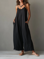 Women's Minimalist Loose-Fit Linen-Blend Jumpsuit With Lace Neckline, Spaghetti Straps, And Frayed Hems