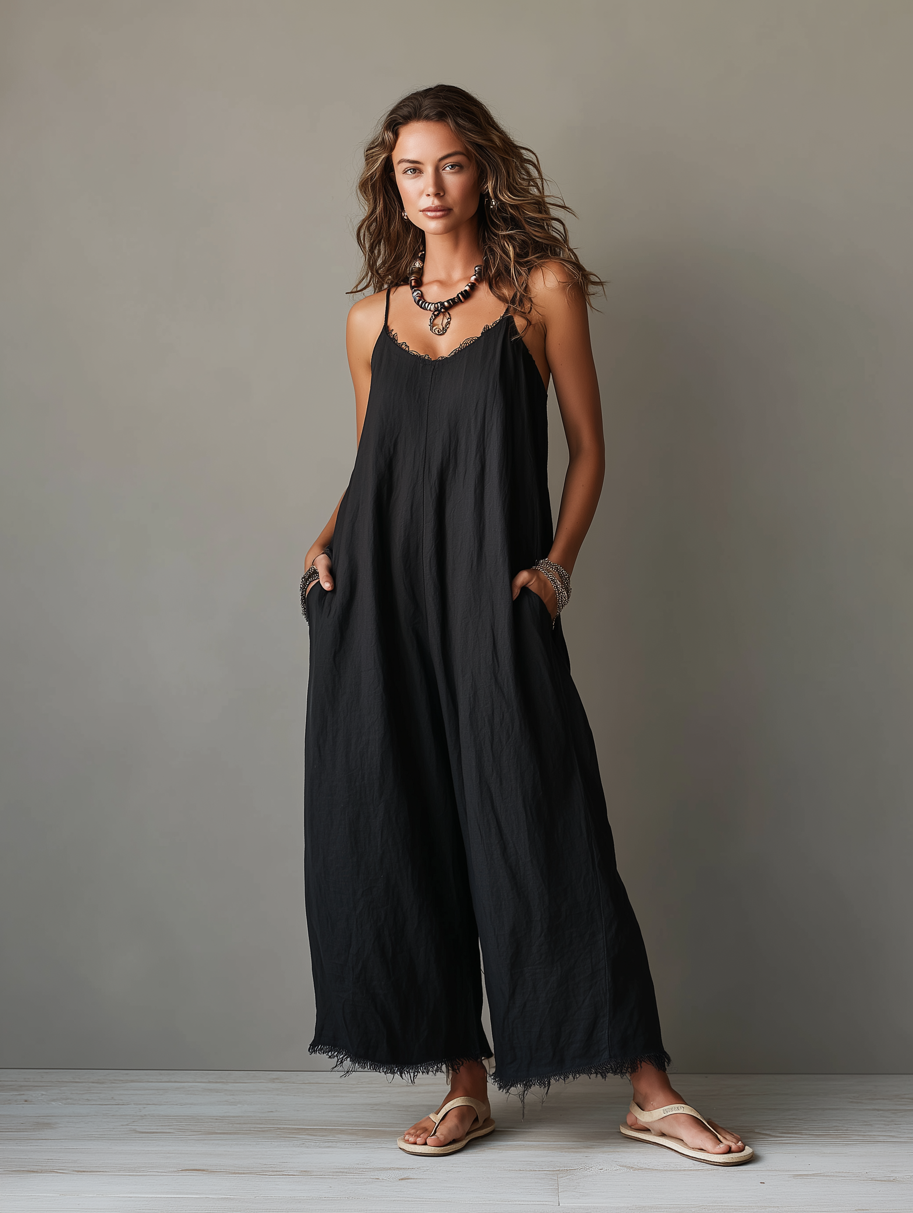 Women's Minimalist Loose-Fit Linen-Blend Jumpsuit With Lace Neckline, Spaghetti Straps, And Frayed Hems