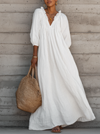 Women's Breezy Cotton-linen Maxi Dress With Lettuce-edge V-neck—perfect For Vacation