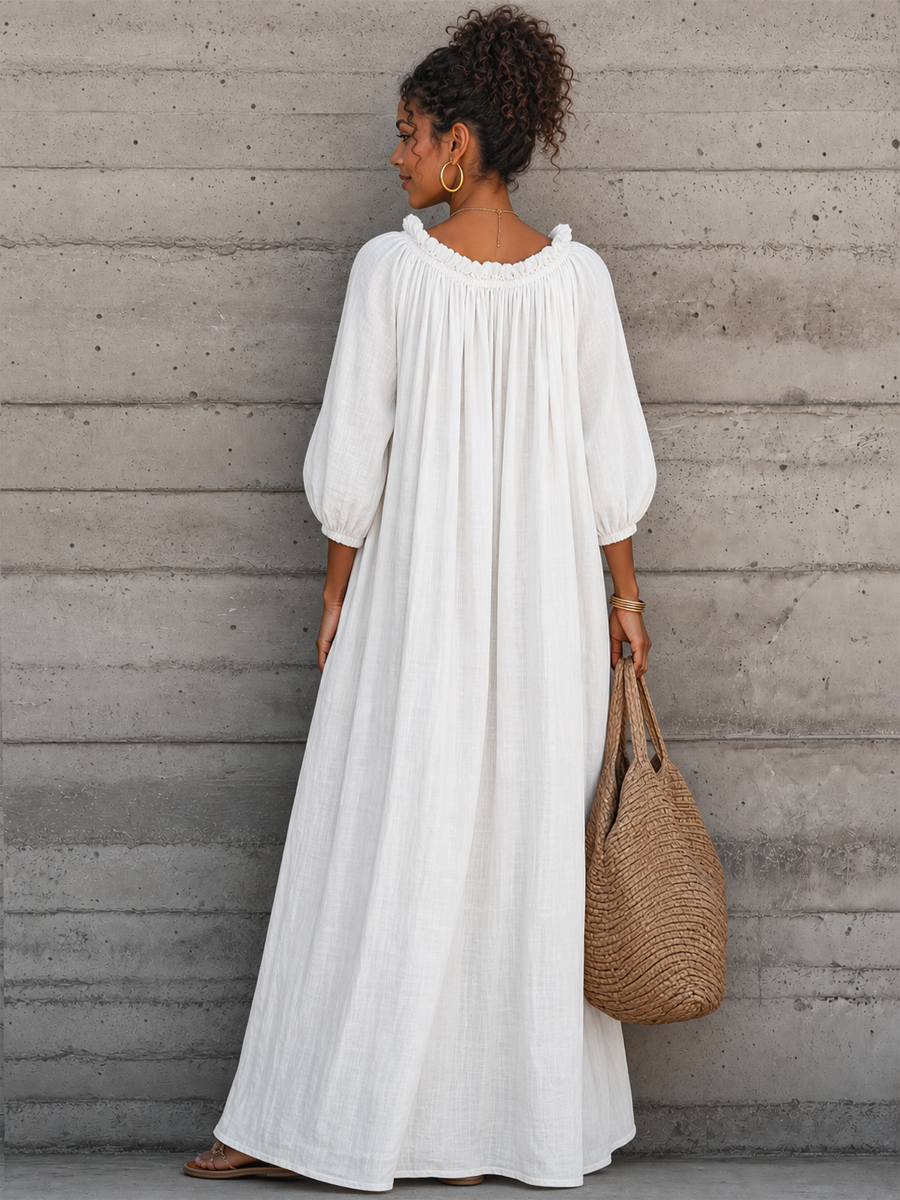 Women's Breezy Cotton-linen Maxi Dress With Lettuce-edge V-neck—perfect For Vacation