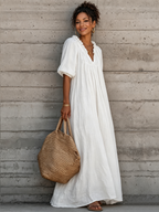 Women's Breezy Cotton-linen Maxi Dress With Lettuce-edge V-neck—perfect For Vacation