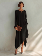 Women's Small V-Neck And Asymmetrical Hem Cotton-Blend Midi Dress