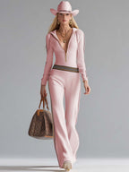 Retro Fashion Sports Hooded V-neck Front Zipper Off-white Knitted Jumpsuit
