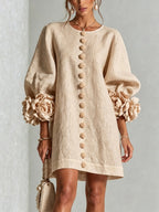 Women Blush Pink Fabric Floral Appliqué Balloon‑Sleeve Shift Mini Dress