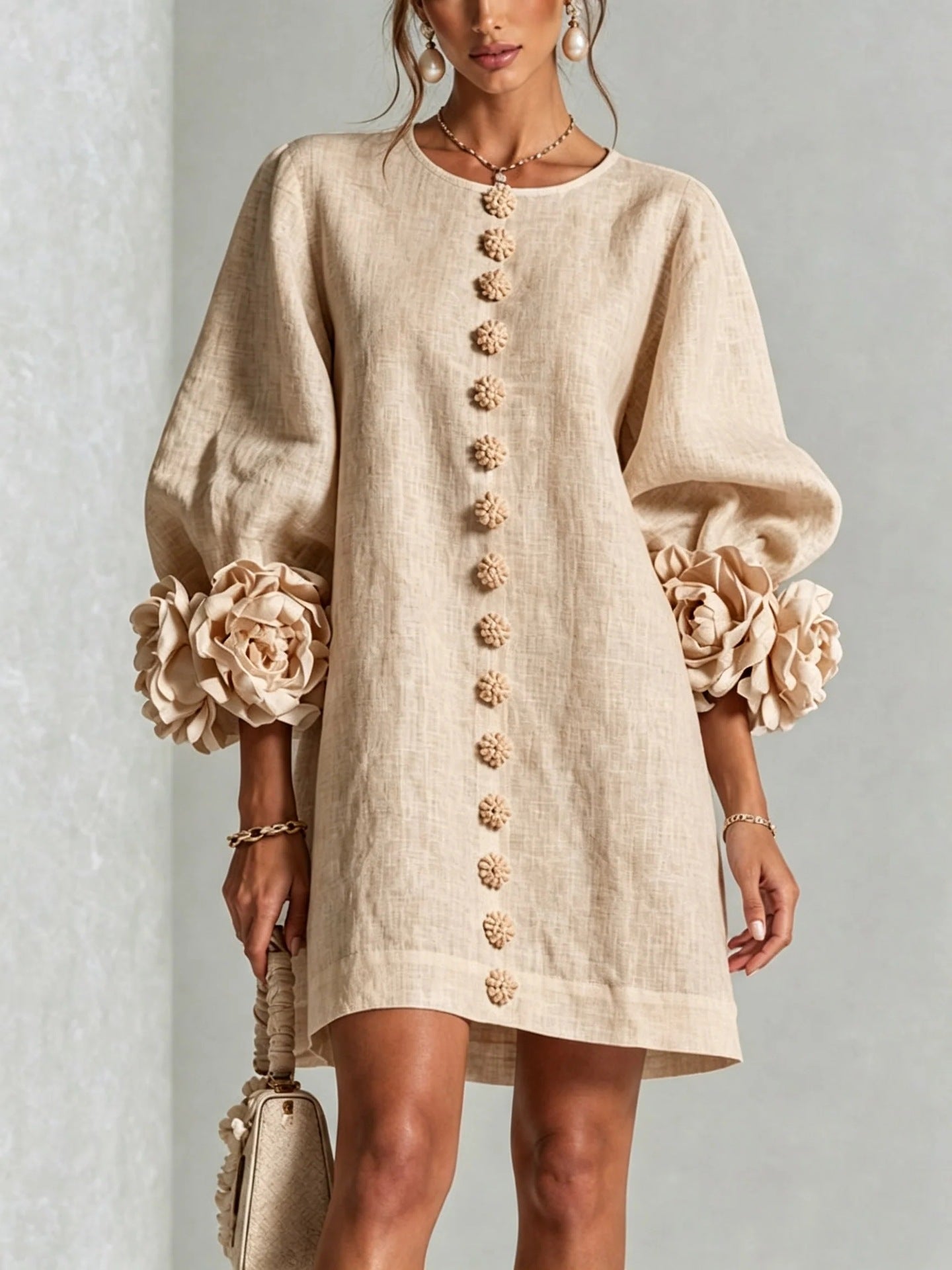Women Blush Pink Fabric Floral Appliqué Balloon‑Sleeve Shift Mini Dress