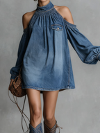 Urban Plain Stand Collar Mini Denim Dress