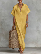 Women's Solid Color Collared Short-sleeved Casual Loose Linen Dress