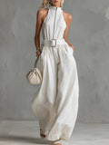 Women's White Linen-Blend Halter Wide-Leg Jumpsuit with Belt