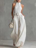 Women's White Linen-Blend Halter Wide-Leg Jumpsuit with Belt