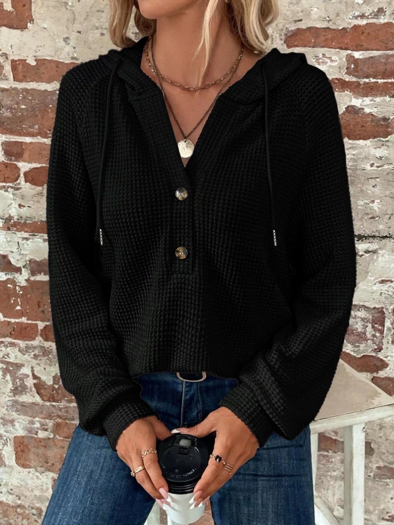 Waffle Knit Button Detail Hoodie