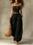 Spaghetti Strap Crop Top Baggy Harem Pants Boho Resort Wear Set