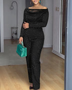 2 Pieces Outfit Cowl Neck Lace Spliced Long Sleeve Top and Elastic Waist Wide Leg Pants Set Casual Glitter Set