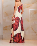 Tropical Print One Shoulder Bodycon Slit Dress Sexy Slim Fit Maxi Dress