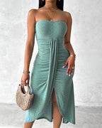 Sleeveless Ruched Cinched Waist Draped Bandeau Dress Eyelet Embroidery Slit Asymmetrical Hem Vacation Dress