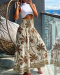Vintage Plants Print High Waist Shirred Elastic Waist Wide Leg Pants